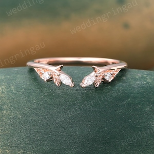 Unique Open Moissanite Curved wedding band Vintage Rose gold Leaf ring Marquise cut Diamond ring Bridal wedding ring Matching Stacking ring
