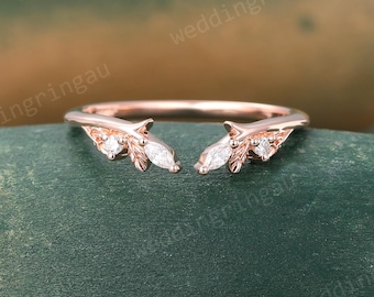 Unique Open Moissanite Curved wedding band Vintage Rose gold Leaf ring Marquise cut Diamond ring Bridal wedding ring Matching Stacking ring