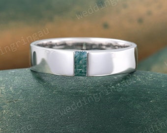 5mm Moss agate Wedding Band Unique White gold Baguette cut Green agate Band Mens Women Solitaire Stacking Matching Band Vintage Ring Gift