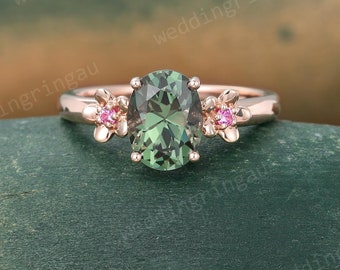 Oval cut green sapphire ring Unique Floral Rose gold engagement ring Three stone ring pink sapphire ring Nature inspired ring promise ring
