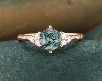 Vintage Hexagon Cut Moss Agate Engagement Ring Unique Rose Gold Round Diamond Wedding Ring Cluster Dainty Promise Anniversary Bridal Ring
