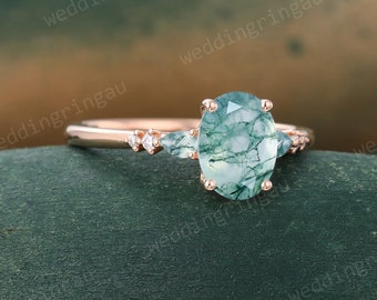 Moss Agate Engagement Ring Unique Rose Gold Oval Cut Green Gemstone Ring Moissanite 7 Stone Ring Art Deco Bridal Promise Anniversary Ring
