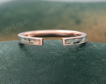Open Moss agate wedding band Vintage rose gold wedding band moss agate inlay ring Bridal art deco stacking matching band Anniversary ring