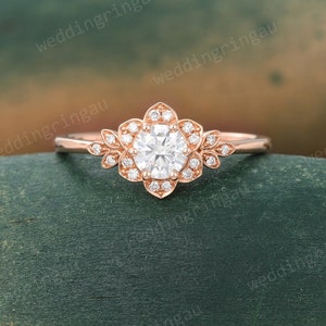 Floral Moissanite Engagement Ring Dainty Rose gold Moissanite Ring Round Diamond Wedding Ring Nature Inspired Ring Promise Ring for Women