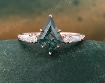 Vintage Kite cut Moss agate ring Unique Rose gold engagement ring baguette cut Moissanite ring green agate wedding ring Bridal Promise ring