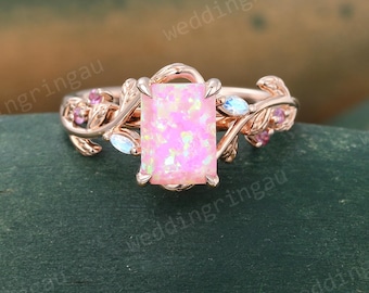 Vintage Emerald Cut Pink Opal Ring Unique Rose Gold Branch Vine Engagement Ring Marquise Cut Moonstone Ring Nature Inspired Twig Ring Gift