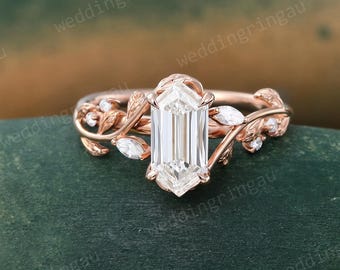 Art Deco Hexagon cut Lab Grown Diamond ring Unique Rose Gold Leaf Engagement Ring Marquise cut Branch Vine Diamond Ring Botanical Ring Gift