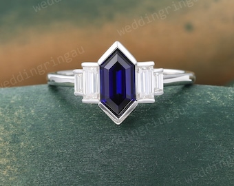 Hexagon Blue Sapphire Ring Unique White Gold Engagement Ring Diamond Bezel Set Ring Baguette Cut Moissanite Ring Bridal Promise Ring