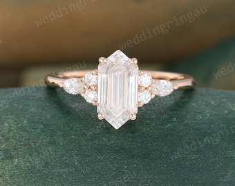 Hexagon cut Moissanite ring vintage rose gold engagement ring marquise cut ring cluster ring 7 stone marriage ring bridal anniversary ring