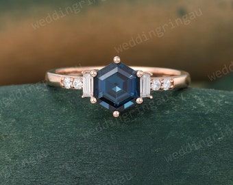 London blue topaz ring vintage rose gold Hexagon cut Blue topaz engagement ring Unique baguette cut moissanite ring bridal anniversary ring