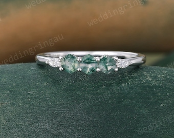 Hexagon cut Moss agate wedding band White gold marquise cut Moissanite ring Dainty art deco Bridal stacking matching band Anniversary ring