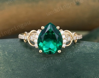 Pear Shaped Emerald Engagement Ring Art Deco Yellow Gold Round Diamond Infinity Twist Unique Wedding Bridal Cluster Promise Anniversary Ring