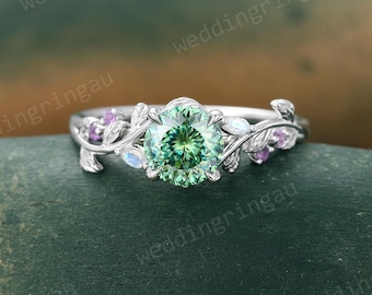 Portuguese Cut Green Moissanite Ring White Gold Leaf Engagement Ring Marquise Cut Moonstone Amethyst Ring Nature Inspired Ring Promise Ring