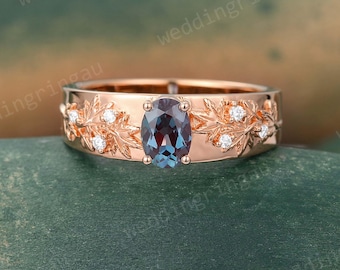 Oval cut Alexandrite ring Unique Rose gold engagement ring Leaf Engraved ring Diamond wedding ring Nature inspired ring Wide engagement band