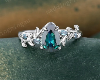 Natural Green Blue Sapphire Engagement Ring Unique White Gold Pear Shaped Saphire Fine Cut Sapphire Twig Leaf Wedding Alexandrite Ring Gift