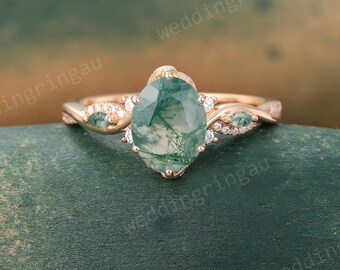 Oval cut Green Moss agate ring Unique Rose gold engagement ring marquise cut agate ring moissanite Twisted ring Bridal anniversary ring gift