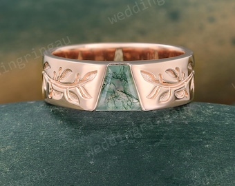 6mm Baguette Cut Moss agate Wedding Band Vintage Rose Gold Men's Engagement Band Nature Inspired Leaf Stacking Band Men's Wedding Band