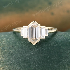 Hexagon cut Lab grown diamond ring Vintage yellow gold Diamond engagement ring Baguette cut 5 stone ring Diamond Bezel set ring Promise ring