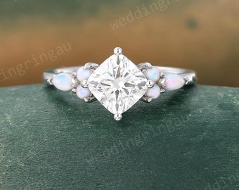 Cushion cut Moissanite engagement ring Unique White gold ring marquise cut natural opal ring cluster ring bridal anniversary ring women gift