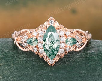 Unique Marquise cut Moss Agate Engagement Ring Rose Gold Pear shaped ring Leaf Art Deco Wedding Ring Bridal Promise Anniversary gift