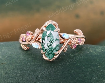 Marquise Cut Moss Agate Engagement Ring Unique Solid Rose Gold Leaf Wedding Ring Moonstone Ring Nature Inspired Twig Ring Gift for Her