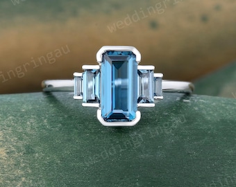 Vintage London Blue Topaz Ring Antique Solid White Gold Blue Topaz Engagement Ring Baguette Cut Topaz Bezel Set Wedding Promise Ring Women