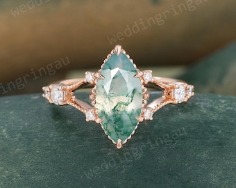 Marquise Cut Moss Agate Engagement Ring Vintage Rose Gold Round Moissanite Wedding Ring Hollow-out Bridal Ring Promise Anniversary Ring