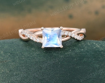 Infinity Moonstone Ring Dainty Rose Gold Engagement Ring Unique Moissanite Pave Ring Art Deco Twisted Diamond Ring Anniversary Ring