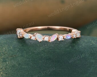 Opal wedding band vintage moissanite wedding band pear shaped rose gold marquise cut art deco unique diamond women stacking anniversary gift