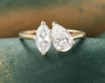 2.5 CT Toi et Moi Lab Grown Diamond Ring Solid Gold Two Diamond Engagement Ring 1 CT Marquise 1.5 CT Pear Diamond Wedding Anniversary Ring