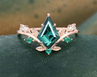 Kite Cut Green Blue Sapphire Ring Unique Leaf Engagement Ring Rose Gold Marquise Emerald Wedding Ring Nature Inspired Art Deco Promise Ring