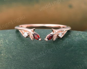 Marquise cut Garnet Wedding Band Unique Rose gold Moissanite Curved Wedding Band Vintage Art deco Bridal Open Leaf Stacking Promise ring