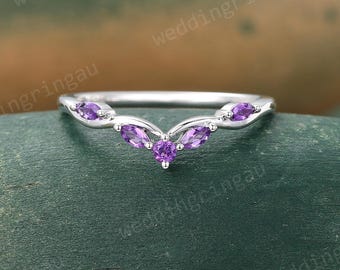 Marquise cut Amethyst Wedding Band Unique White gold purple amethyst Curved Wedding Band Vintage Art deco Bridal Stacking Ring Promise ring