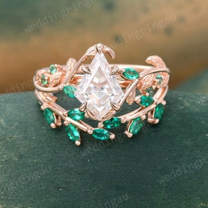 Conjunto de anéis de noivado de moissanita com corte de pipa Anel de noivado vintage Twig Anel de esmeralda com corte de folha Marquise Anel de casamento com pedra do mês de maio Anel de promessa