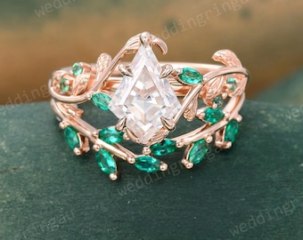 Kite cut Moissanite engagement ring set Vintage Twig engagement ring Leaf Marquise cut Emerald ring May Birthstone wedding ring Promise ring