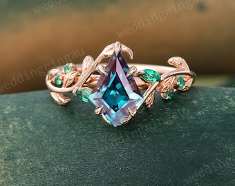 Vintage Alexandrite Engagement Ring Kite Cut Alexandrite Ring Rose Gold Leaf Ring Nature Inspired Emerald Twig Ring June Birthstone Ring