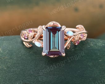 Nature Inspired Emerald Cut Alexandrite Ring Unique Rose Gold Branch Vine Engagement Ring Marquise Cut Moonstone Ring Twig Ring Gift for Her