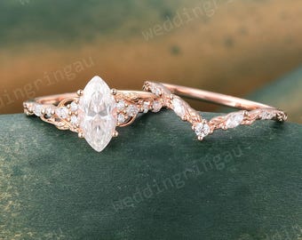 Marquise cut Moissanite Engagement ring set Unique Rose gold Nature Inspired Ring Set Leaf Diamond wedding ring set Promise ring