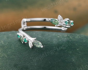 Moss agate & Emerald Wedding Band Unique Enhancer Ring White Gold Guard Band Branch Ring Curved stacking band Custom Promise ring for women