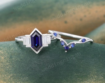Hexagon cut Blue sapphire ring set Vintage White gold engagement ring set Baguette cut Moissanite ring Pear cut Blue sapphire stacking band