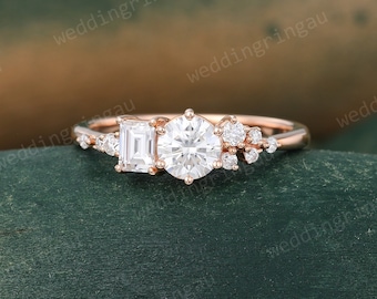 Vintage Moissanite engagement ring Unique Rose gold Round cut ring Cluster Wedding ring Art deco ring bridal anniversary Promise ring