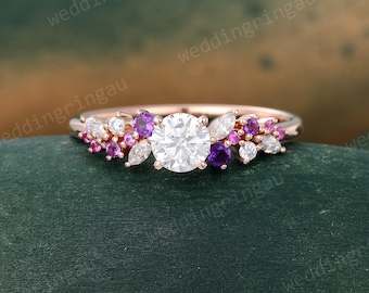 Dainty Moissanite engagement ring Vintage Rose gold ring Cluster Amethyst ring Pink sapphire ring Bridal Moissanite ring Promise ring