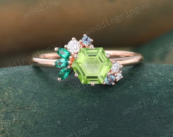 Hexagon cut Peridot Engagement Ring Unique Rose Gold Lab Emerald ring Moissanite Bridal Wedding Ring Art deco alexandrite Birthstone ring
