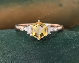 Unique Hexagon cut Citrine ring Vintage Rose gold engagement ring Baguette cut moissanite ring November Birthstone ring anniversary ring