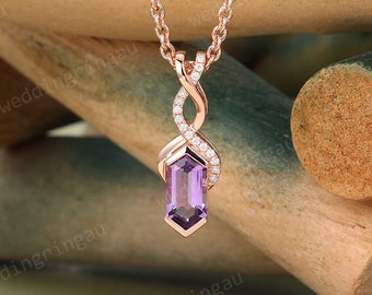 Purple Amethyst Pendant Necklace Unique Rose gold Knot pendant for women Moissanite Necklace anniversary Crystal pendant Personalized Gift