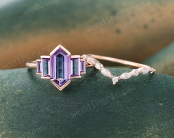 Amethyst Engagement ring set Vintage 14k Rose gold Hexagon cut Amethyst ring set Marquise cut Moissanite Curved wedding band Promise ring