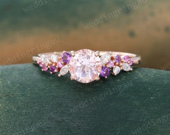 Vintage Morganite engagement ring Unique Rose gold ring Amethyst Pink sapphire ring Marquise cut Diamond bridal anniversary ring for women