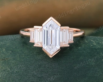 Vintage Diamond Proposal Ring Rose Gold Lab Grown Diamond Engagement Ring Baguette Cut 5 Stone Ring Diamond Bezel Set Ring Promise Ring