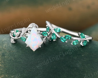 Kite cut White opal engagement ring set Vintage White gold engagement ring Leaf Marquise cut Emerald wedding ring set Branch Promise ring
