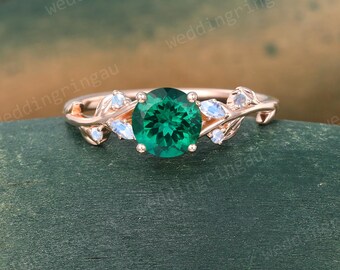 Portuguese cut Emerald engagement ring Vintage Rose gold Branch ring Marquise cut Moonstone ring May birthstone ring Twig ring promise Gift